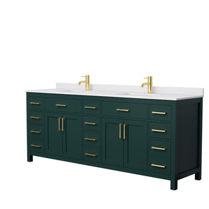 Beckett 84 Inch Double Bathroom Vanity in Green White Cultured Marble Countertop Undermount Square Sinks Brushed Gold Trim