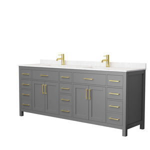Beckett 84 Inch Double Bathroom Vanity in Dark Gray Carrara Cultured Marble Countertop Undermount Square Sinks Brushed Gold Trim
