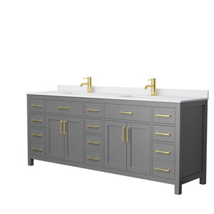 Beckett 84 Inch Double Bathroom Vanity in Dark Gray White Cultured Marble Countertop Undermount Square Sinks Brushed Gold Trim