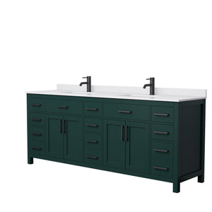 Beckett 84 Inch Double Bathroom Vanity in Green White Cultured Marble Countertop Undermount Square Sinks Matte Black Trim