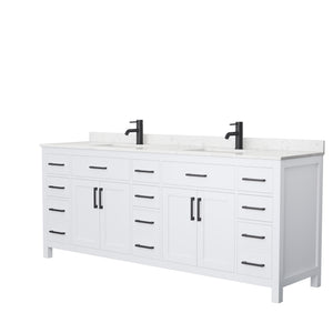 Beckett 84 Inch Double Bathroom Vanity in White Carrara Cultured Marble Countertop Undermount Square Sinks Matte Black Trim