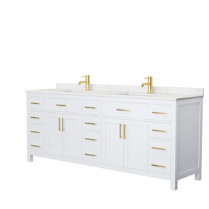 Beckett 84 Inch Double Bathroom Vanity in White Carrara Cultured Marble Countertop Undermount Square Sinks Brushed Gold Trim