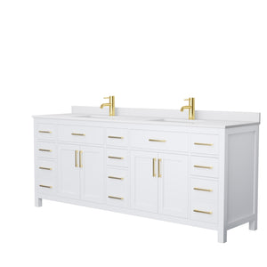 Beckett 84 Inch Double Bathroom Vanity in White White Cultured Marble Countertop Undermount Square Sinks Brushed Gold Trim