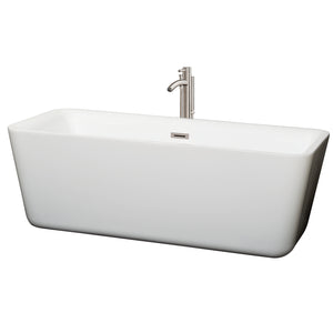 Emily 69 Inch Freestanding Bathtub in White with Floor Mounted Faucet Drain and Overflow Trim in Brushed Nickel