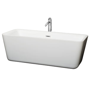 Emily 69 Inch Freestanding Bathtub in White with Floor Mounted Faucet Drain and Overflow Trim in Polished Chrome