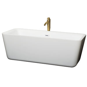 Emily 69 Inch Freestanding Bathtub in White with Shiny White Trim and Floor Mounted Faucet in Brushed Gold
