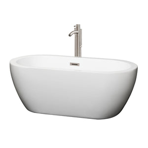 Soho 60 Inch Freestanding Bathtub in White with Floor Mounted Faucet Drain and Overflow Trim in Brushed Nickel