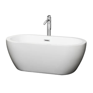 Soho 60 Inch Freestanding Bathtub in White with Floor Mounted Faucet Drain and Overflow Trim in Polished Chrome