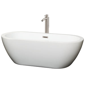 Soho 68 Inch Freestanding Bathtub in White with Floor Mounted Faucet Drain and Overflow Trim in Brushed Nickel