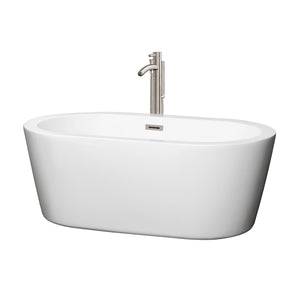 Mermaid 60 Inch Freestanding Bathtub in White with Floor Mounted Faucet Drain and Overflow Trim in Brushed Nickel