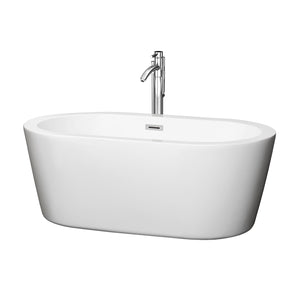Mermaid 60 Inch Freestanding Bathtub in White with Floor Mounted Faucet Drain and Overflow Trim in Polished Chrome
