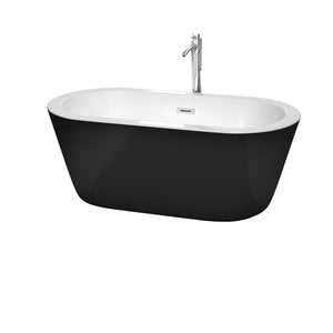 Mermaid 60 Inch Freestanding Bathtub in Black with White Interior with Floor Mounted Faucet Drain and Overflow Trim in Polished Chrome