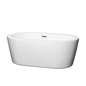 Mermaid 60 Inch Freestanding Bathtub in White with Brushed Nickel Drain and Overflow Trim
