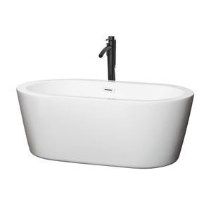 Mermaid 60 Inch Freestanding Bathtub in White with Shiny White Trim and Floor Mounted Faucet in Matte Black