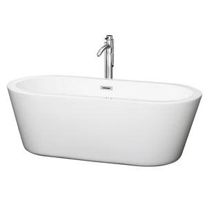 Mermaid 67 Inch Freestanding Bathtub in White with Floor Mounted Faucet Drain and Overflow Trim in Polished Chrome