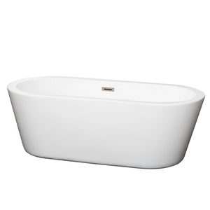 Mermaid 67 Inch Freestanding Bathtub in White with Brushed Nickel Drain and Overflow Trim