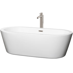 Mermaid 71 Inch Freestanding Bathtub in White with Floor Mounted Faucet Drain and Overflow Trim in Brushed Nickel