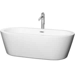Mermaid 71 Inch Freestanding Bathtub in White with Floor Mounted Faucet Drain and Overflow Trim in Polished Chrome