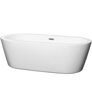 Mermaid 71 Inch Freestanding Bathtub in White with Brushed Nickel Drain and Overflow Trim