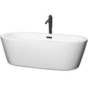 Mermaid 71 Inch Freestanding Bathtub in White with Floor Mounted Faucet Drain and Overflow Trim in Matte Black