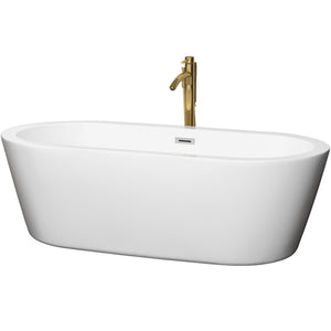 Mermaid 71 Inch Freestanding Bathtub in White with Polished Chrome Trim and Floor Mounted Faucet in Brushed Gold
