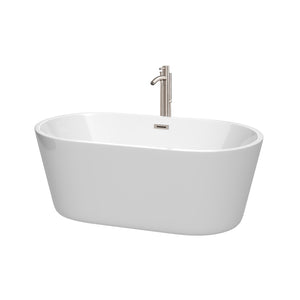 Carissa 60 Inch Freestanding Bathtub in White with Floor Mounted Faucet Drain and Overflow Trim in Brushed Nickel