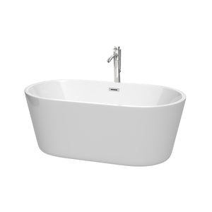 Carissa 60 Inch Freestanding Bathtub in White with Floor Mounted Faucet Drain and Overflow Trim in Polished Chrome