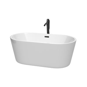 Carissa 60 Inch Freestanding Bathtub in White with Floor Mounted Faucet Drain and Overflow Trim in Matte Black