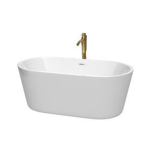 Carissa 60 Inch Freestanding Bathtub in White with Shiny White Trim and Floor Mounted Faucet in Brushed Gold