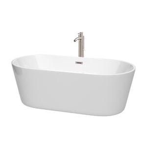 Carissa 67 Inch Freestanding Bathtub in White with Floor Mounted Faucet Drain and Overflow Trim in Brushed Nickel