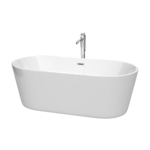 Carissa 67 Inch Freestanding Bathtub in White with Floor Mounted Faucet Drain and Overflow Trim in Polished Chrome