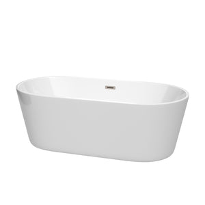 Carissa 67 Inch Freestanding Bathtub in White with Brushed Nickel Drain and Overflow Trim