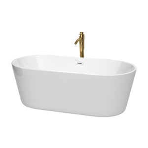 Carissa 67 Inch Freestanding Bathtub in White with Shiny White Trim and Floor Mounted Faucet in Brushed Gold