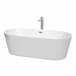 Carissa 71 Inch Freestanding Bathtub in White with Floor Mounted Faucet Drain and Overflow Trim in Brushed Nickel