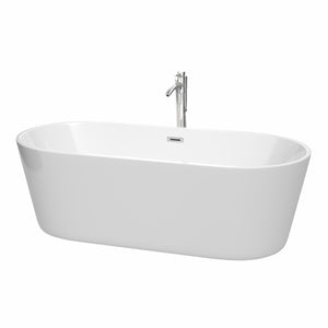 Carissa 71 Inch Freestanding Bathtub in White with Floor Mounted Faucet Drain and Overflow Trim in Polished Chrome