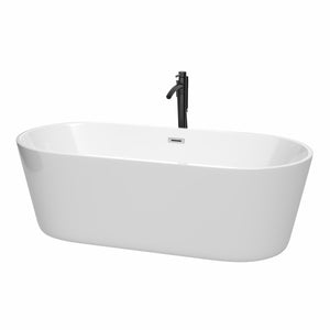 Carissa 71 Inch Freestanding Bathtub in White with Polished Chrome Trim and Floor Mounted Faucet in Matte Black