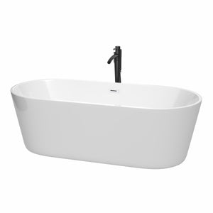 Carissa 71 Inch Freestanding Bathtub in White with Shiny White Trim and Floor Mounted Faucet in Matte Black