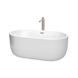 Juliette 60 Inch Freestanding Bathtub in White with Floor Mounted Faucet Drain and Overflow Trim in Brushed Nickel