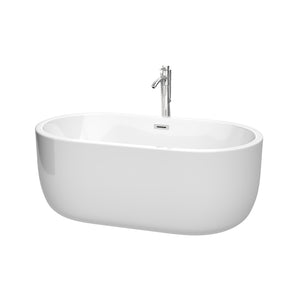 Juliette 60 Inch Freestanding Bathtub in White with Floor Mounted Faucet Drain and Overflow Trim in Polished Chrome