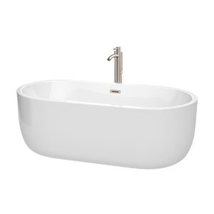 Juliette 67 Inch Freestanding Bathtub in White with Floor Mounted Faucet Drain and Overflow Trim in Brushed Nickel