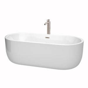 Juliette 71 Inch Freestanding Bathtub in White with Floor Mounted Faucet Drain and Overflow Trim in Brushed Nickel