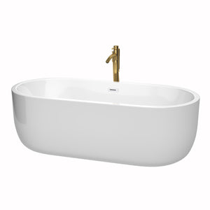 Juliette 71 Inch Freestanding Bathtub in White with Shiny White Trim and Floor Mounted Faucet in Brushed Gold