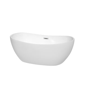 Rebecca 60 Inch Freestanding Bathtub in White with Polished Chrome Drain and Overflow Trim
