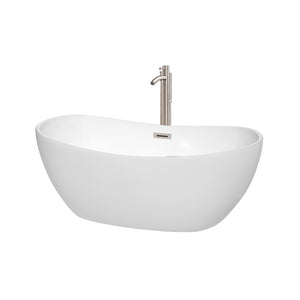 Rebecca 60 Inch Freestanding Bathtub in White with Floor Mounted Faucet Drain and Overflow Trim in Brushed Nickel