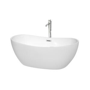 Rebecca 60 Inch Freestanding Bathtub in White with Floor Mounted Faucet Drain and Overflow Trim in Polished Chrome