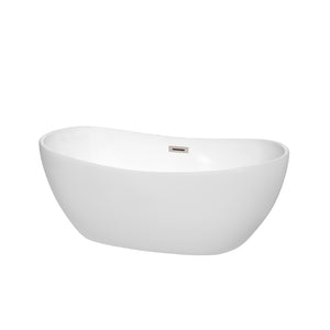 Rebecca 60 Inch Freestanding Bathtub in White with Brushed Nickel Drain and Overflow Trim
