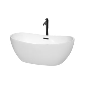 Rebecca 60 Inch Freestanding Bathtub in White with Floor Mounted Faucet Drain and Overflow Trim in Matte Black