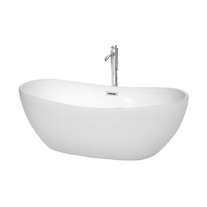 Rebecca 65 Inch Freestanding Bathtub in White with Floor Mounted Faucet Drain and Overflow Trim in Polished Chrome
