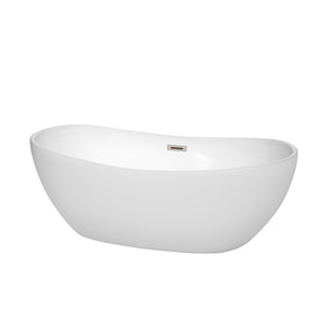 Rebecca 65 Inch Freestanding Bathtub in White with Brushed Nickel Drain and Overflow Trim