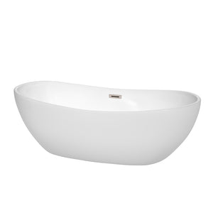 Rebecca 70 Inch Freestanding Bathtub in White with Brushed Nickel Drain and Overflow Trim